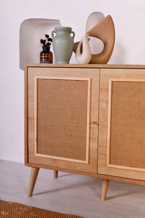 Hanah Home Consola de Roble con Patas de Metal y Tejido de Yute, 180x81x41 cm